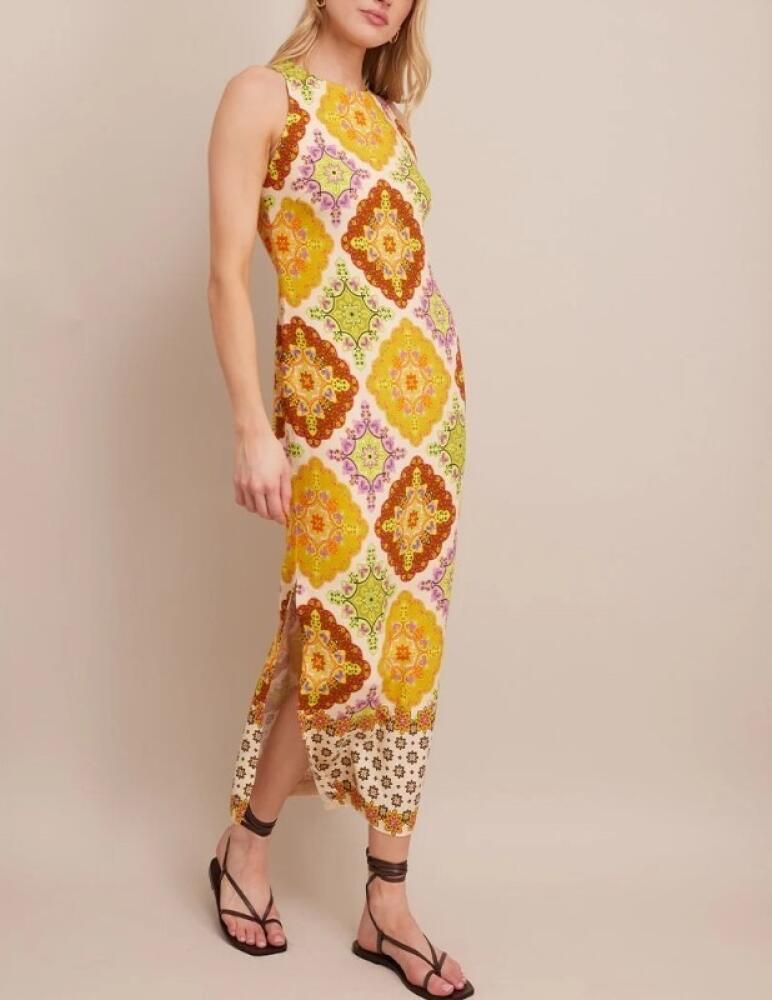Yellow Orange Retro Print Sleeveless Maxi Dress with Slit