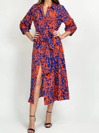 Cobalt & Orange Abstract Print Shirt Midi Dress