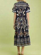 Navy Pineapple Tropical Print Puff Sleeve Midi Dress