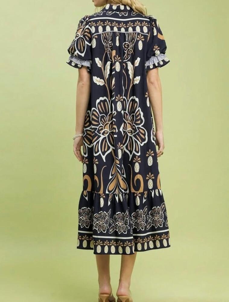 Navy Pineapple Tropical Print Puff Sleeve Midi Dress