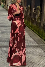 Burgundy Pleated Chiffon Abstract Print Maxi Dress