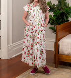 Strawberry Print Tiered Midi Shirt Dress with Pockets