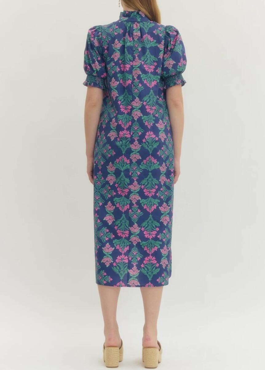 Ruffled Neck Block Print Midi Dress