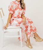 Coral Floral Eyelet Button-Down Midi Dress