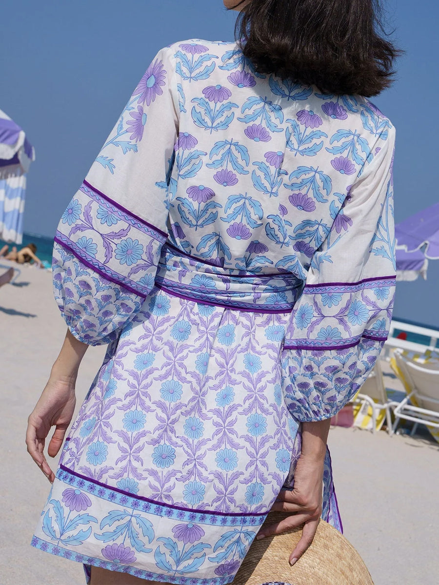 Placement Print Long Sleeve Belted Mini Dress