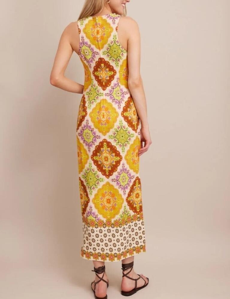 Yellow Orange Retro Print Sleeveless Maxi Dress with Slit