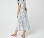 Smocked Waist Floral Midi Dress with Split Neck and Pockets