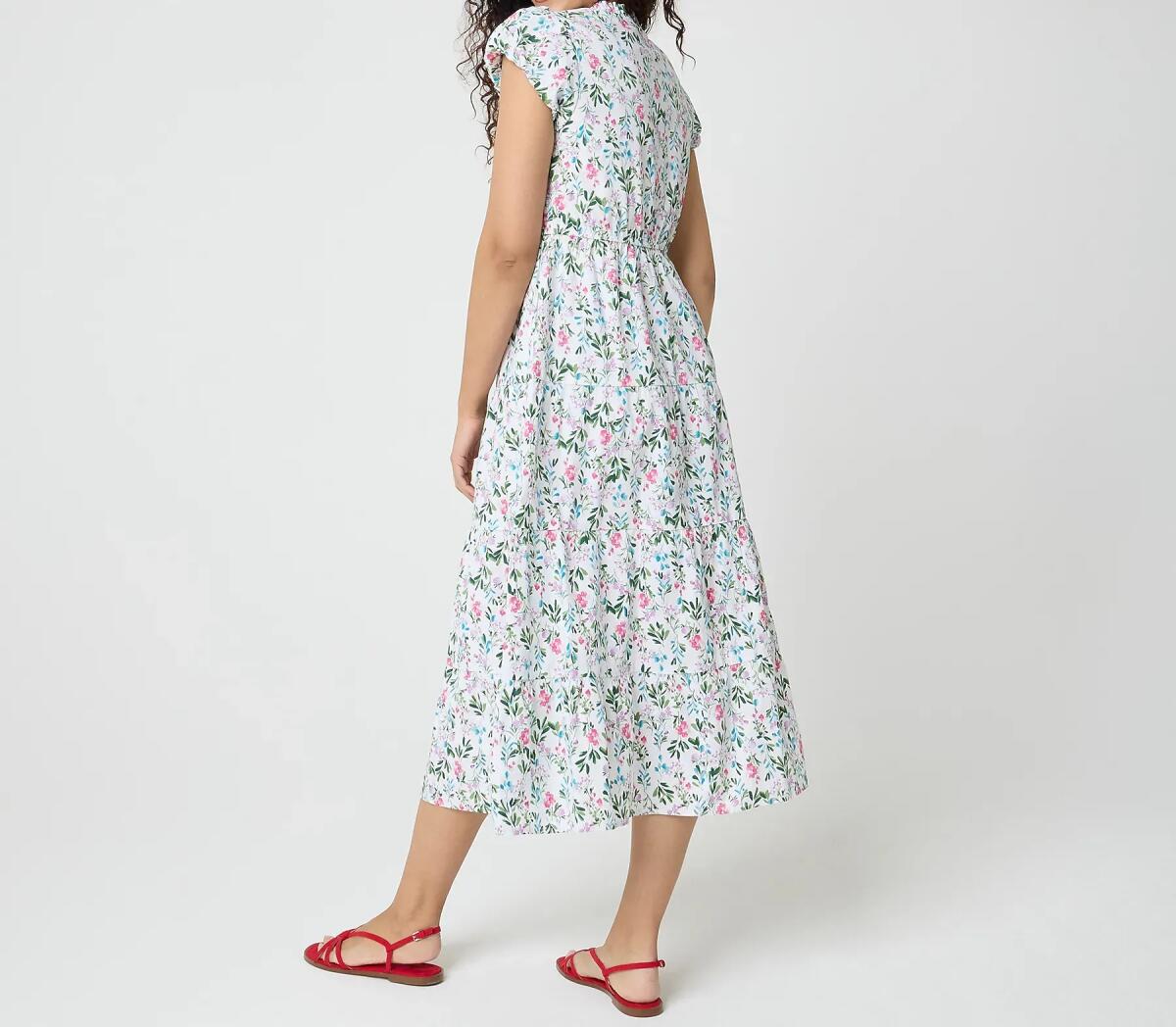 Smocked Waist Floral Midi Dress with Split Neck and Pockets