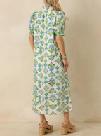 Ruffled Neck Block Print Midi Dress