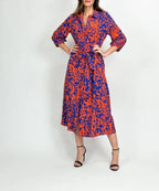 Cobalt & Orange Abstract Print Shirt Midi Dress