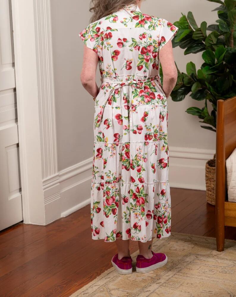 Strawberry Print Tiered Midi Shirt Dress with Pockets