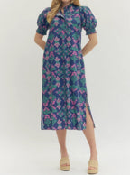 Ruffled Neck Block Print Midi Dress