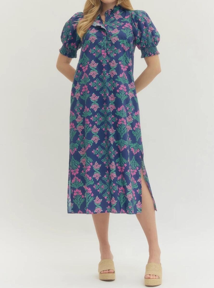 Ruffled Neck Block Print Midi Dress
