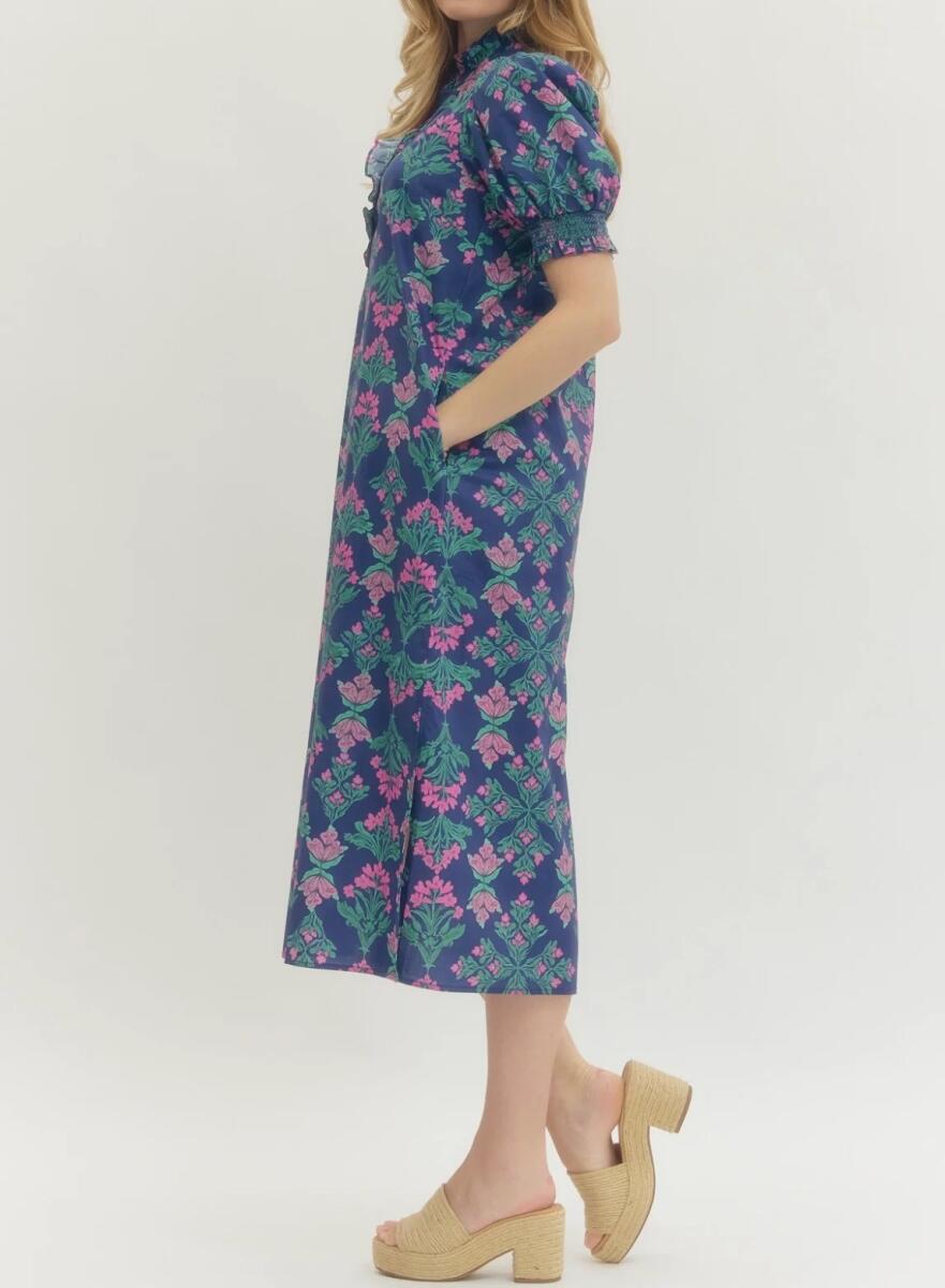 Ruffled Neck Block Print Midi Dress