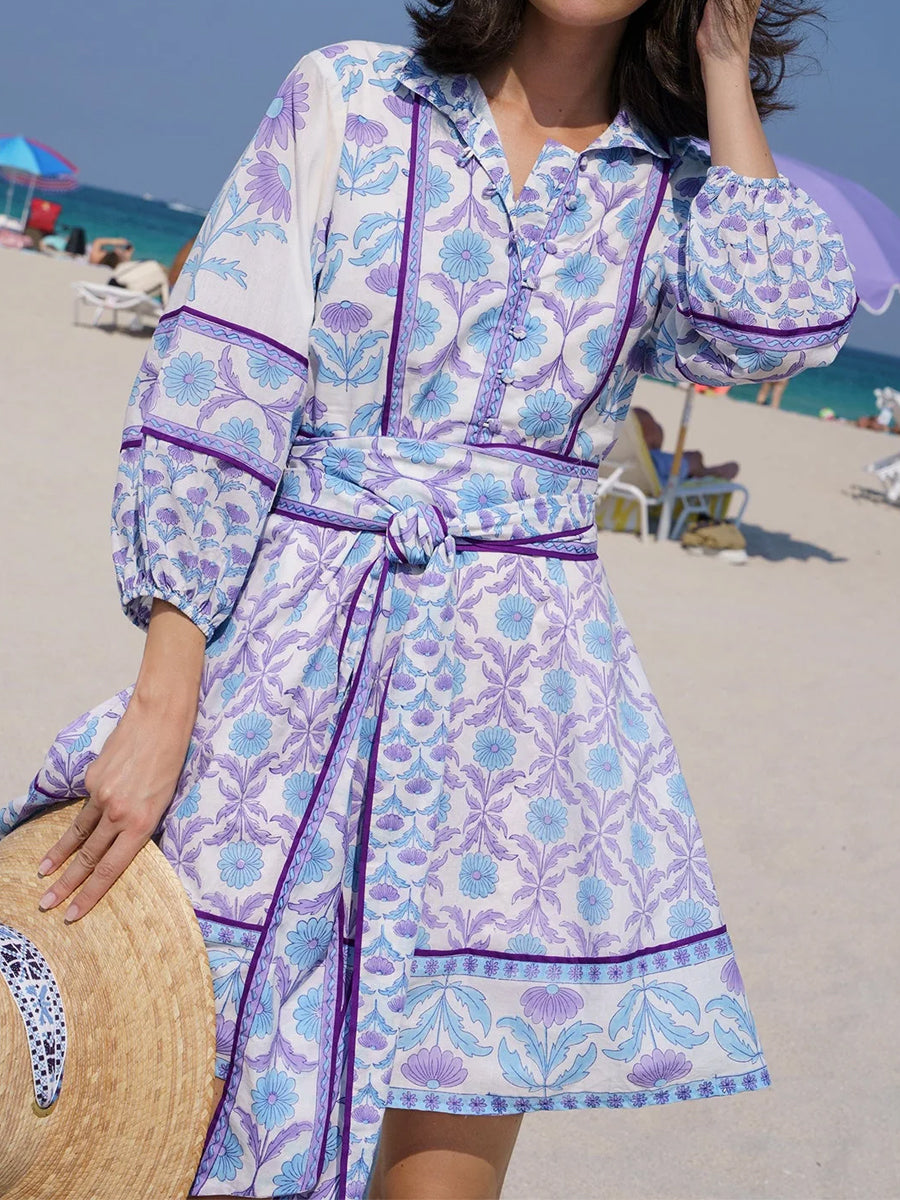 Placement Print Long Sleeve Belted Mini Dress