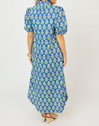 Blue Puff Sleeve Floral Cotton Shirt Dress
