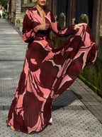 Burgundy Pleated Chiffon Abstract Print Maxi Dress