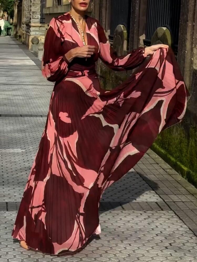 Burgundy Pleated Chiffon Abstract Print Maxi Dress