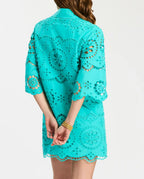 Turquoise Eyelet Embroidered Shirt Dress