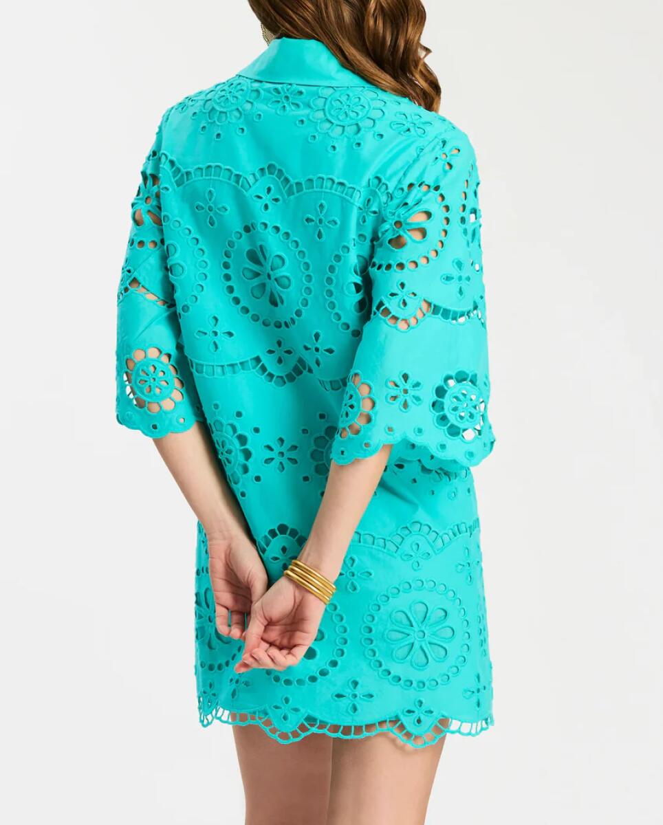 Turquoise Eyelet Embroidered Shirt Dress