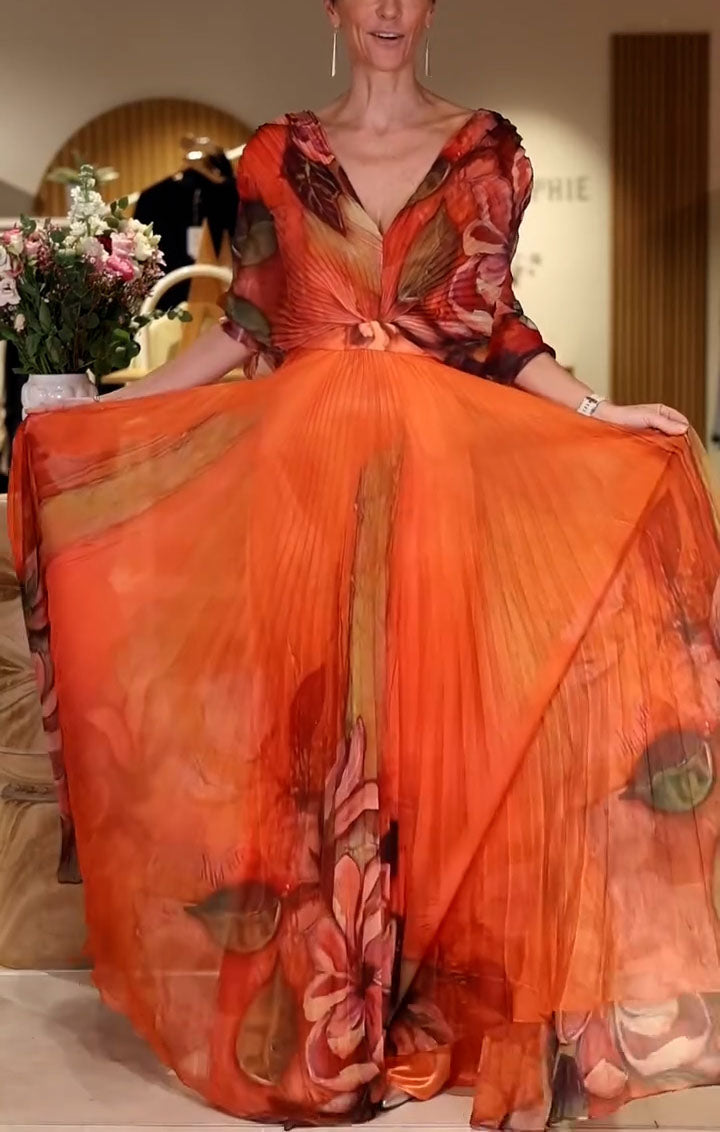 Long pleated chiffon dress