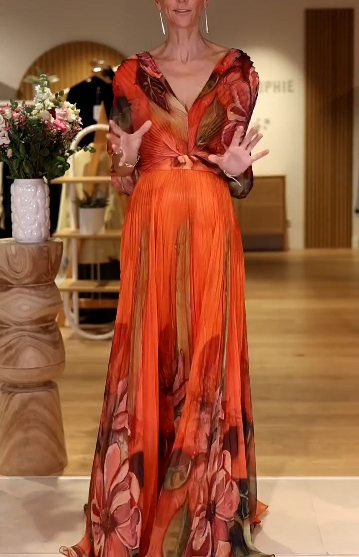 Long pleated chiffon dress