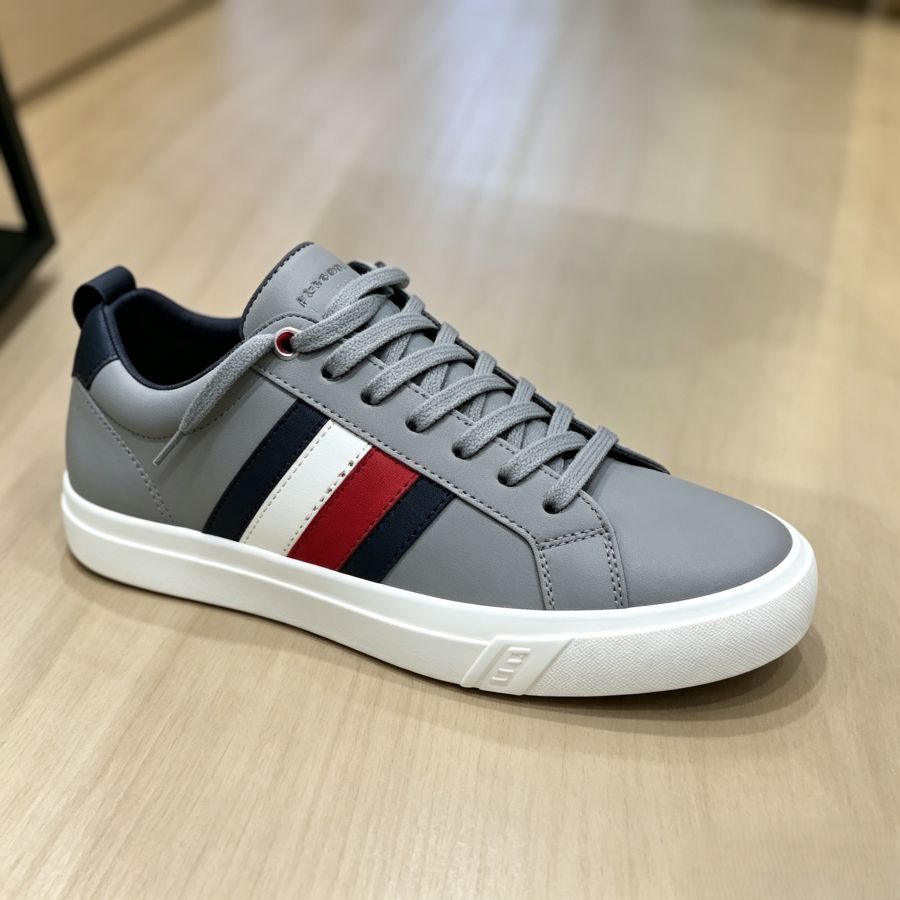 Men’s Gray Leather Striped Low-Top Casual Sneakers