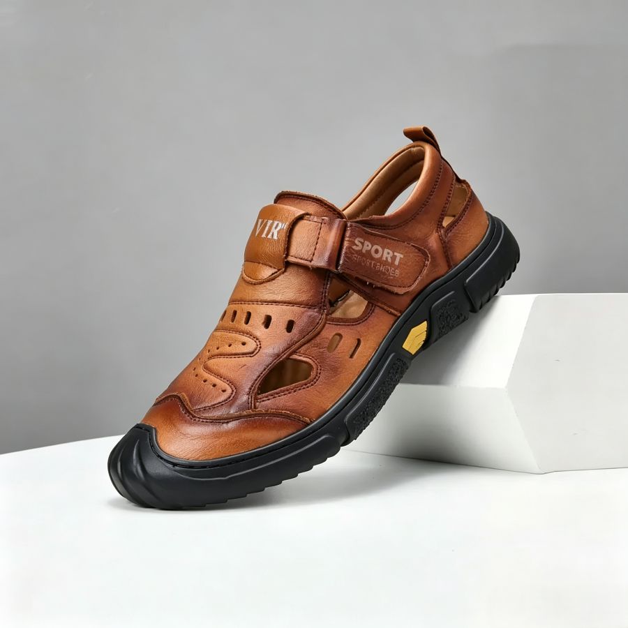 Men's Brown Leather Closed-Toe Sport Sandals