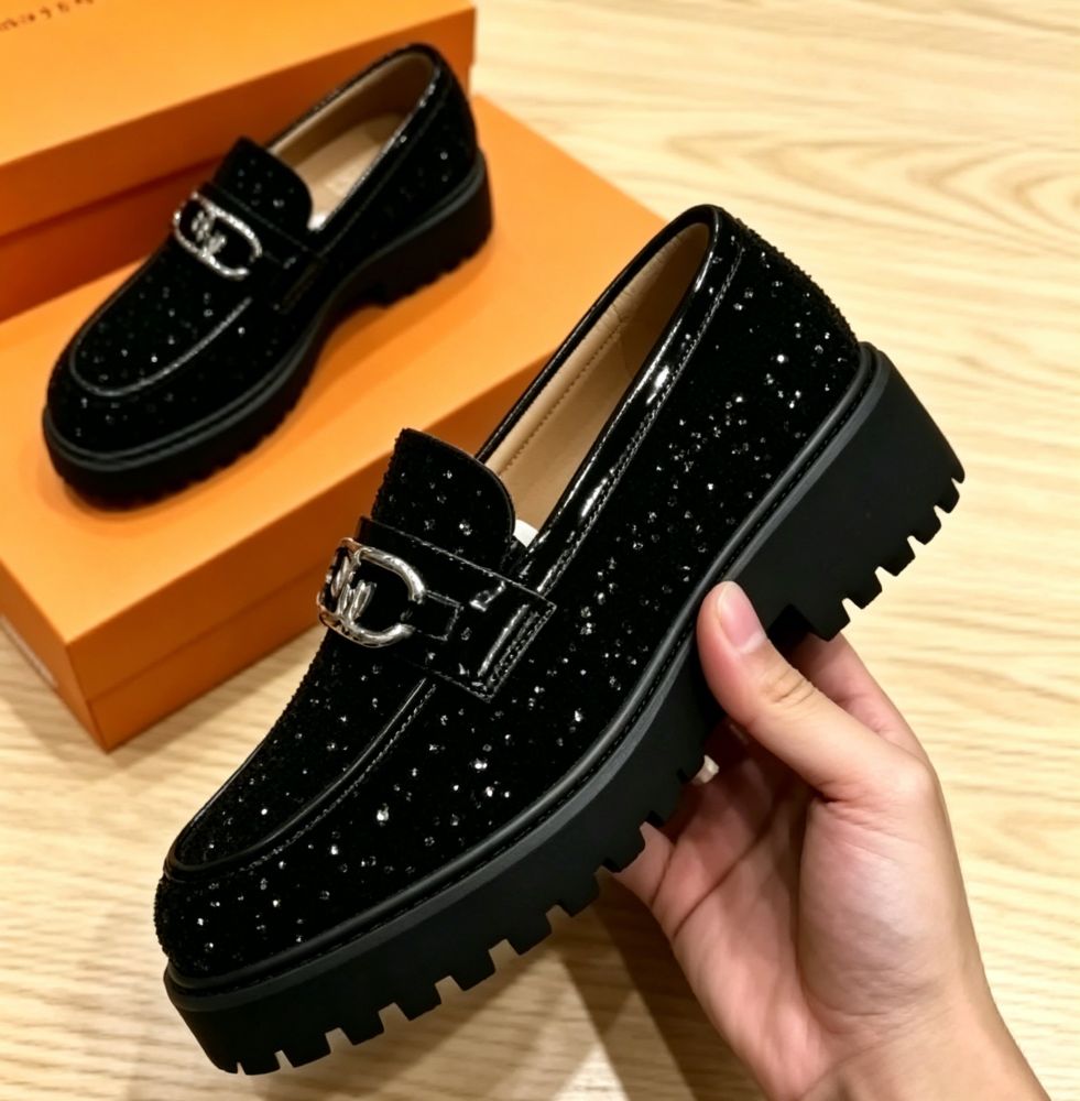 Black Glitter Platform Loafers with Silver Buckle