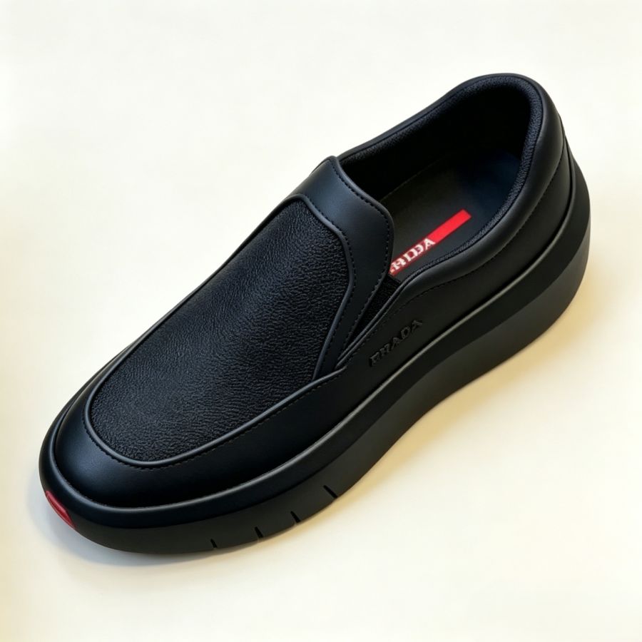 Men's Luxury Black Leather Knit Slip-on Shoes