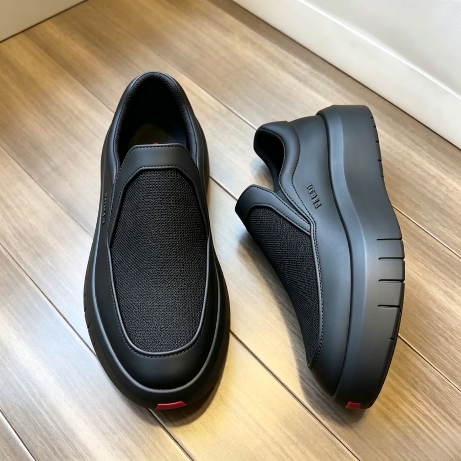 Men's Luxury Black Leather Knit Slip-on Shoes