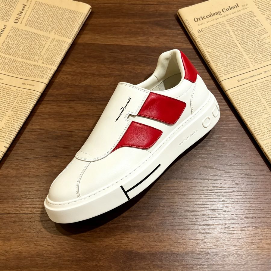 Premium White Leather Slip-On Shoes with Red Detail for Men