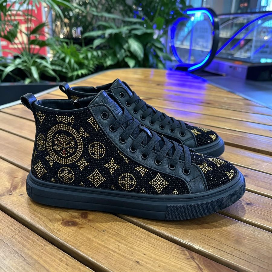 Luxury Black & Gold Rhinestone High Top Sneakers