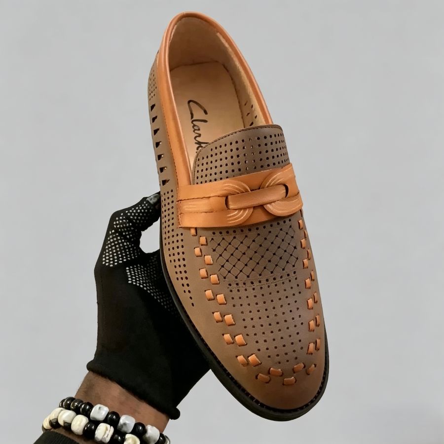 Men’s Brown Perforated Leather Loafers with Woven Detail