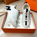 Men’s Fashion White Leather Sneakers with Black Trim