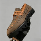 Men’s Brown Perforated Leather Loafers with Woven Detail