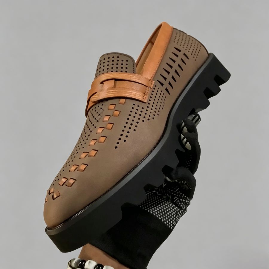 Men’s Brown Perforated Leather Loafers with Woven Detail