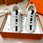 Men’s Fashion White Leather Sneakers with Black Trim