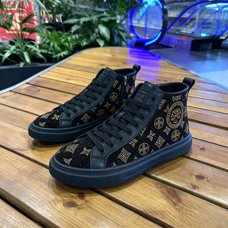 Luxury Black & Gold Rhinestone High Top Sneakers