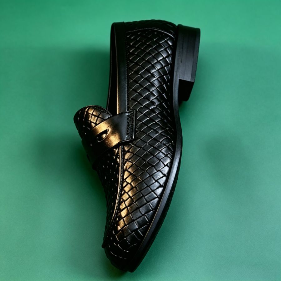 Premium Black Woven Penny Loafers for Men