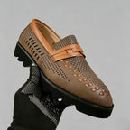 Men’s Brown Perforated Leather Loafers with Woven Detail