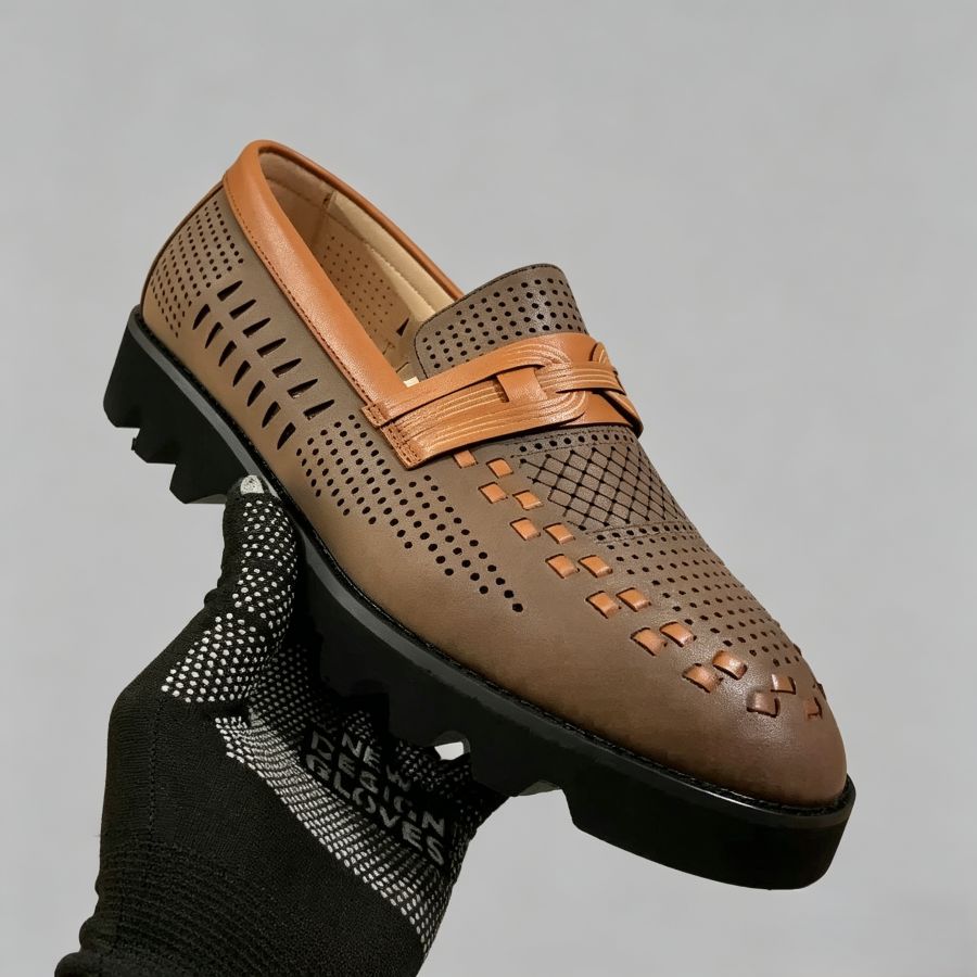 Men’s Brown Perforated Leather Loafers with Woven Detail