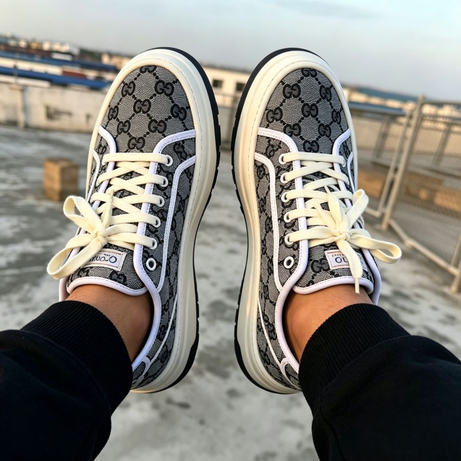 Luxury-Inspired Grey GG Platform Casual Sneakers