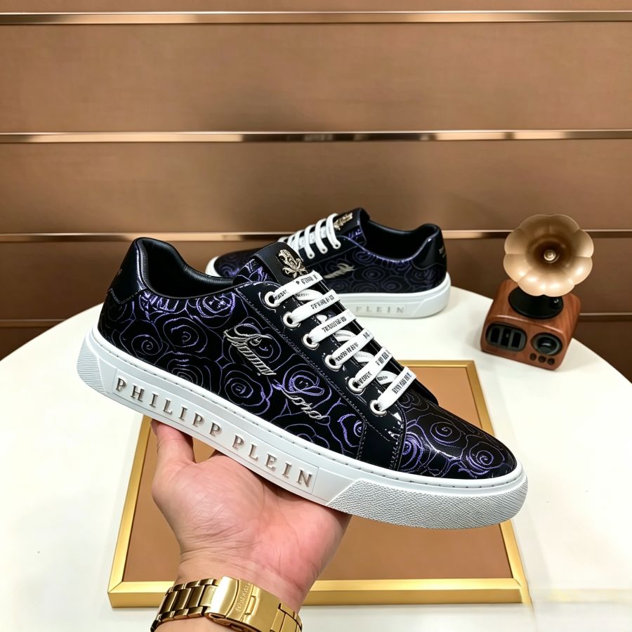 Men's Shiny Metallic Rose Print Leather Low Top Sneakers