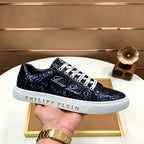 Men's Shiny Metallic Rose Print Leather Low Top Sneakers