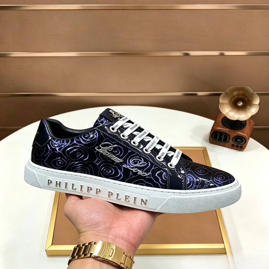 Men's Shiny Metallic Rose Print Leather Low Top Sneakers