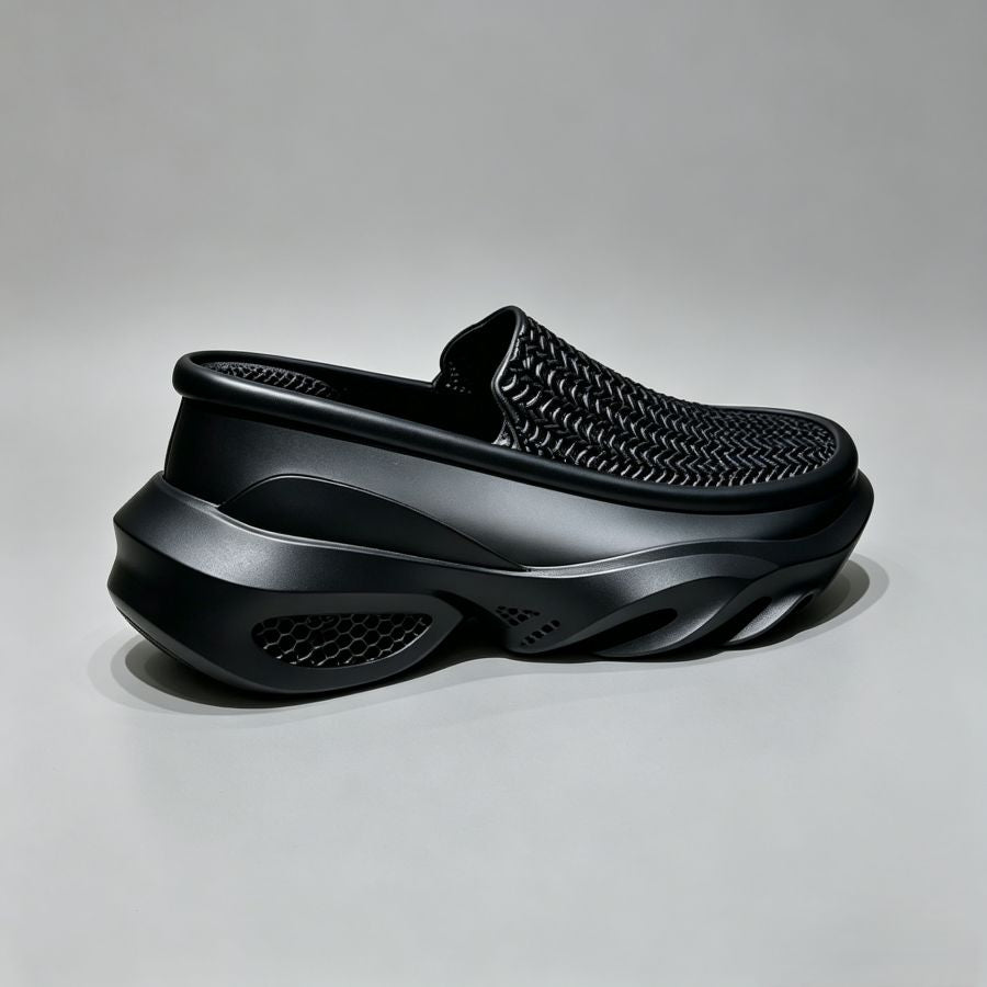 Men's Black Woven Slip-On Chunky Sneakers | Breathable Platform Shoes