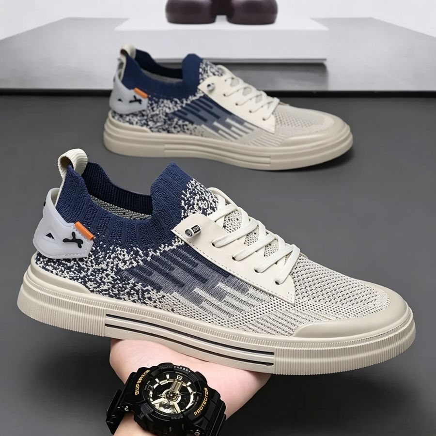Men's Beige & Navy Knit Slip-On Sneakers | Breathable Casual Shoes