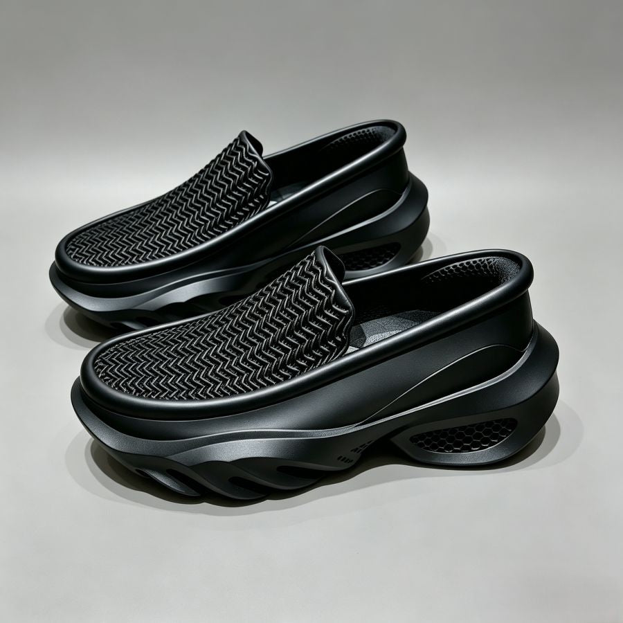 Men's Black Woven Slip-On Chunky Sneakers | Breathable Platform Shoes