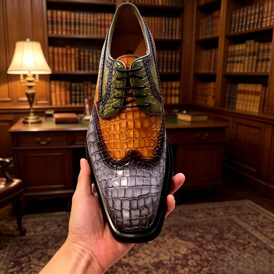 Chunky Sole Gradient Croc Leather Wingtip Oxfords